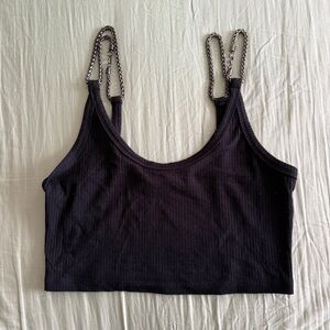 LF Emma & Sam Black Ribbed Gunmetal Chain Loop Strap Crop Tank Top Cotton Scoop